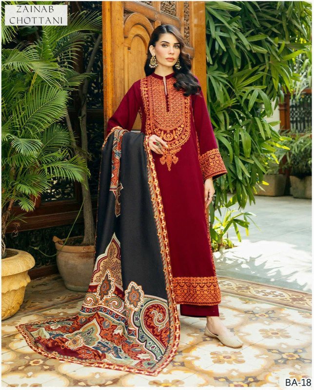 Winter Collection Mix Dhanak Embroidered 2 Piece Suit Front and Sleeves Full Embroidered  Dyed Trouser