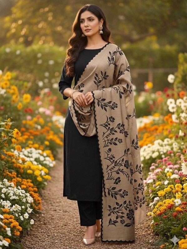 New Collection Plain Soft Dhanak Marina Shirt Trouser with Pashmina Wool Work Shawl 3 Piece Dress