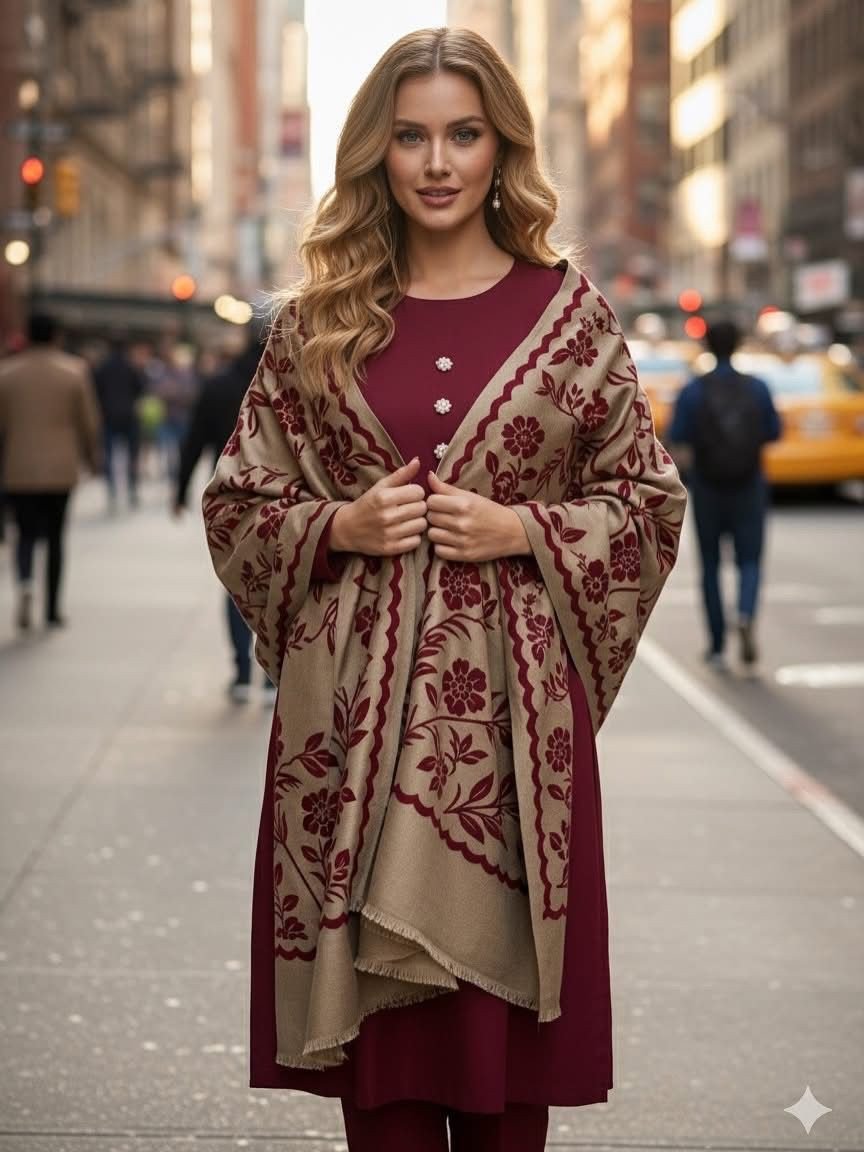 New Collection Plain Soft Dhanak Marina Shirt Trouser with Pashmina Wool Work Shawl 3 Piece Dress